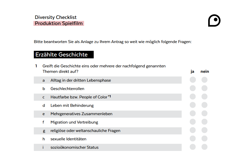 Screenshot aus der Diversity-Checkliste "Produktion für Spielfilm und fiktionale Serien"