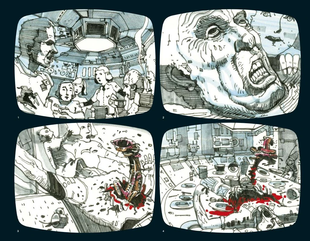 Storyboard zu einer der berühmtesten Schock-Szenen der Filmgeschichte (© CrossCult)