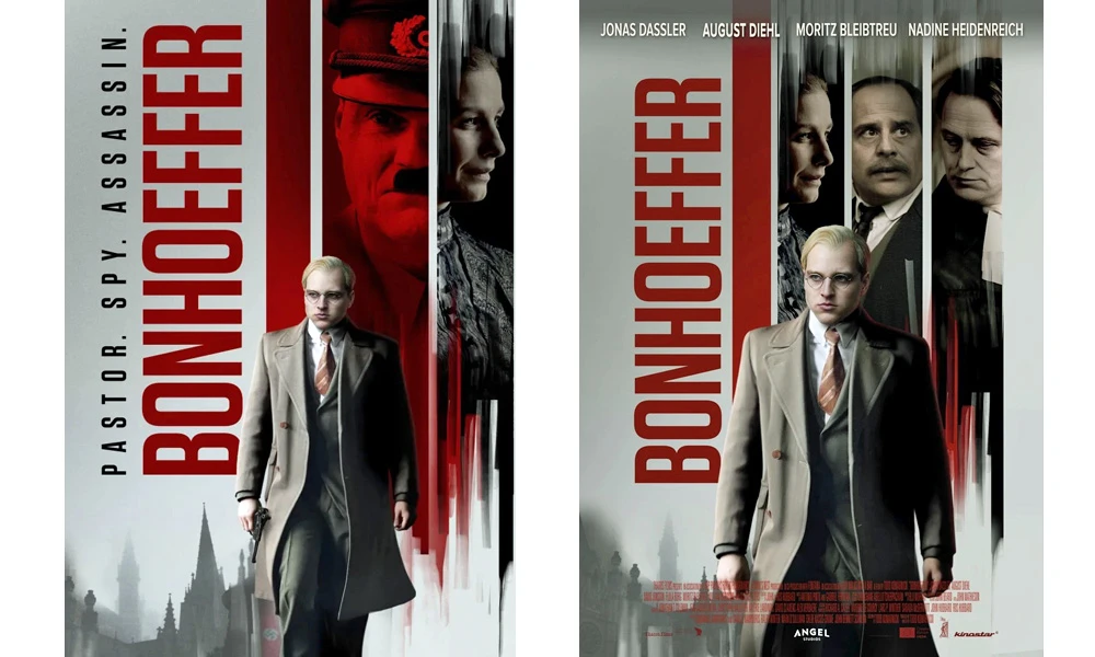 US-Plakat (l.) mit und deutsches "Bonhoeffer"-Plakat ohne Pistole (Kinostart/Angel Studios)